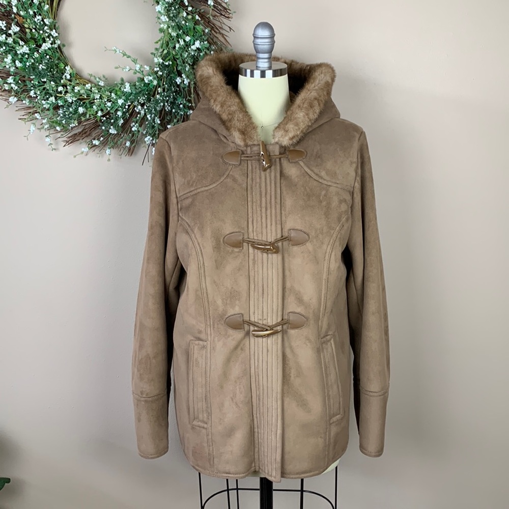 Liz Claiborne Tan Faux Suede Hooded Coat with Faux Fur Trim